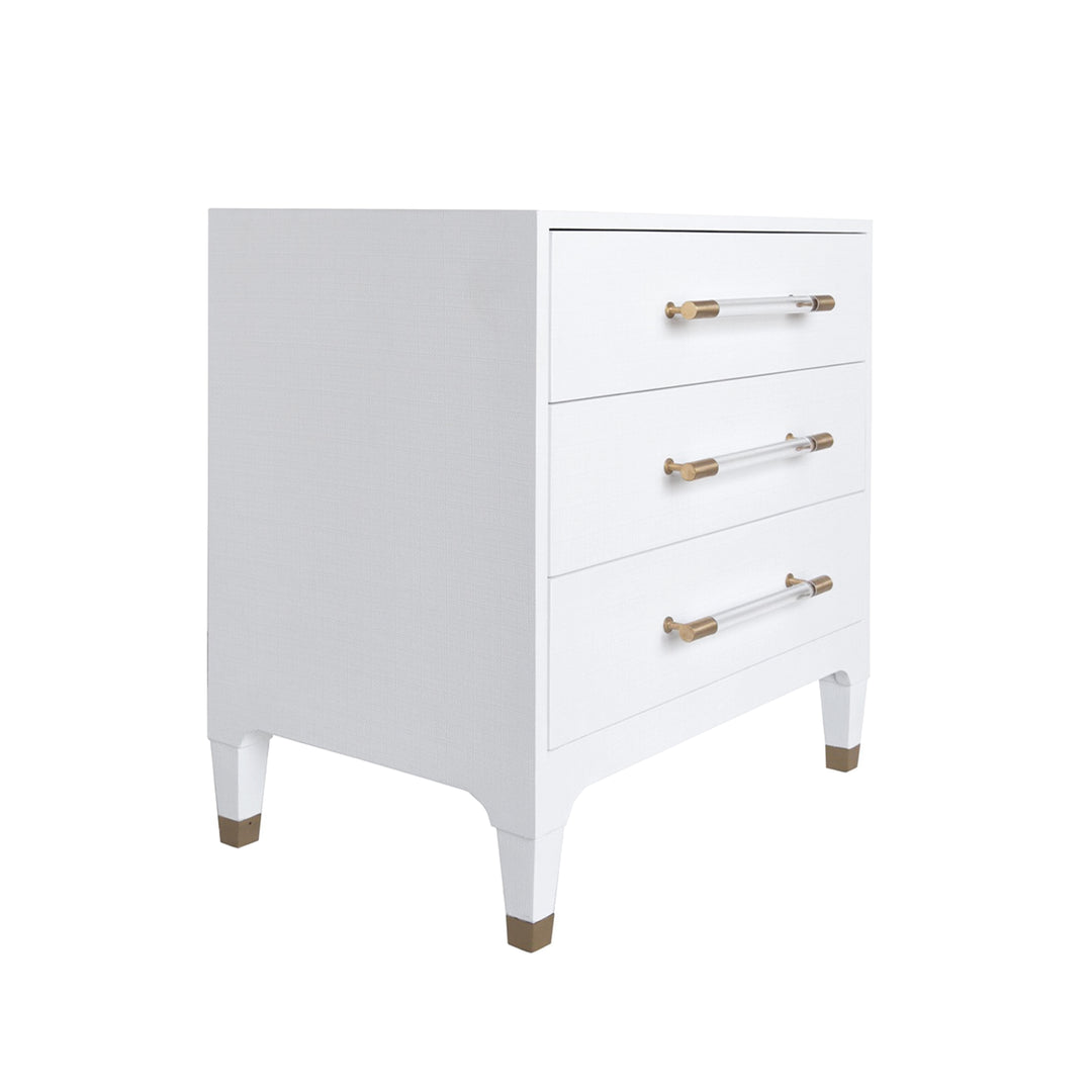 Three Drawer Side Table In Textured White Linen With Antique Brass And Acrylic Hardware - AMBER WHL