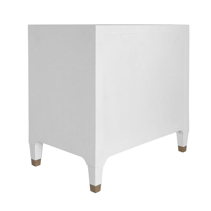 Three Drawer Side Table In Textured White Linen With Antique Brass And Acrylic Hardware - AMBER WHL