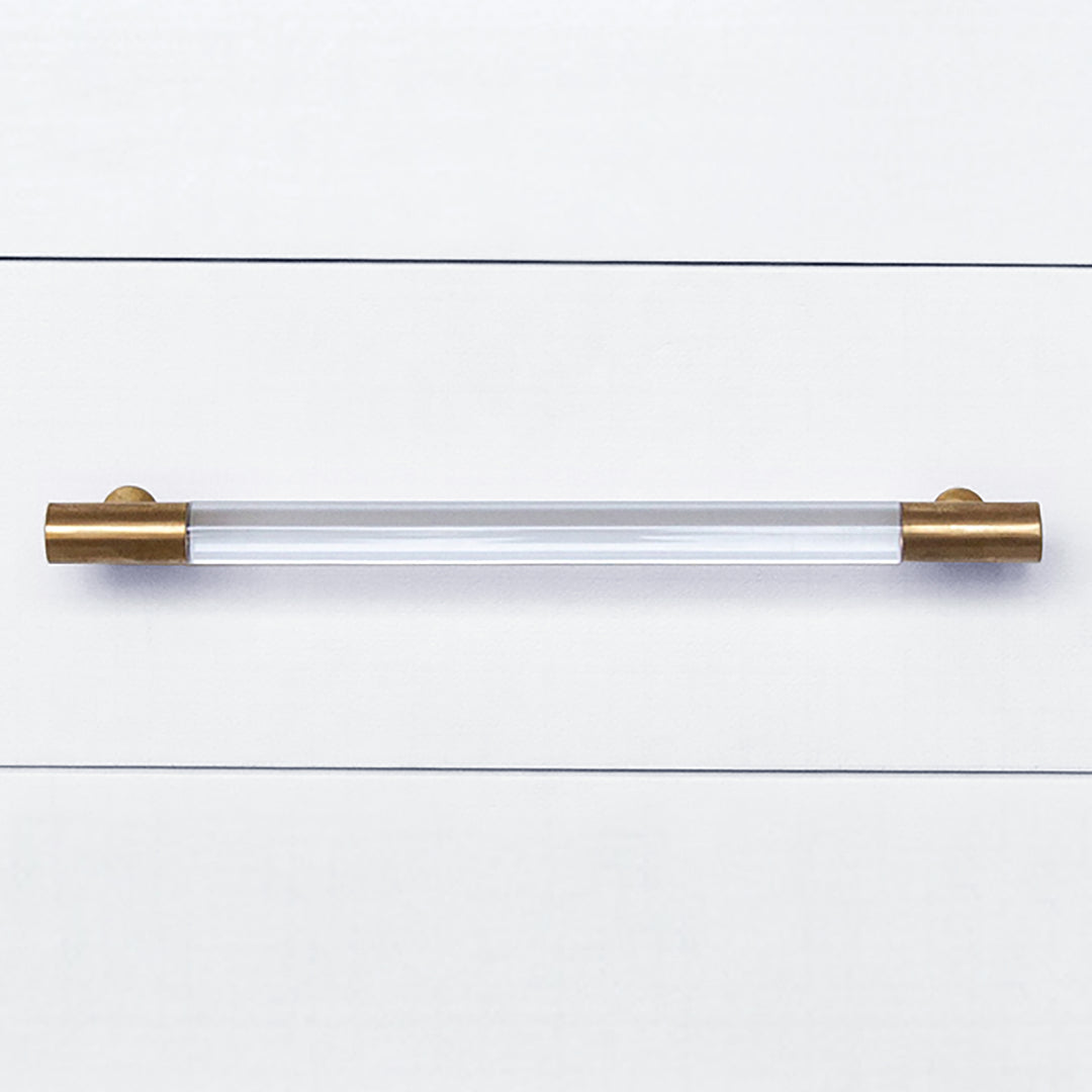 Three Drawer Side Table In Textured White Linen With Antique Brass And Acrylic Hardware - AMBER WHL
