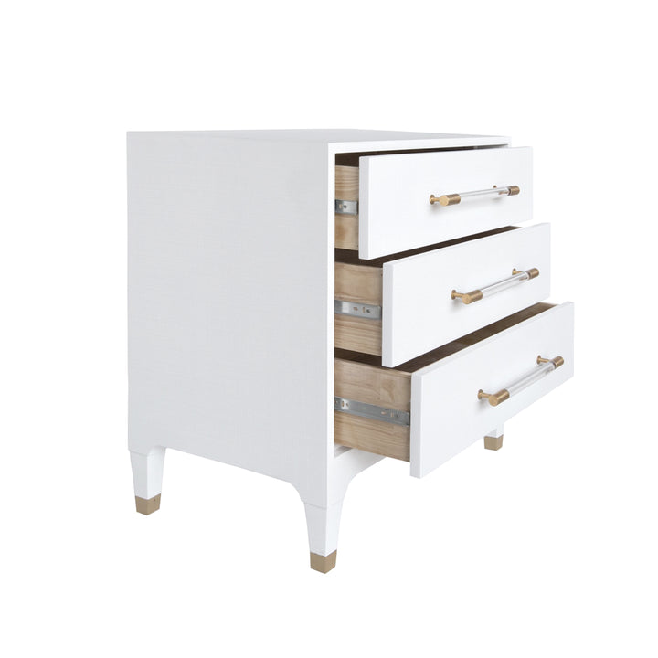 Three Drawer Side Table In Textured White Linen With Antique Brass And Acrylic Hardware - AMBER WHL
