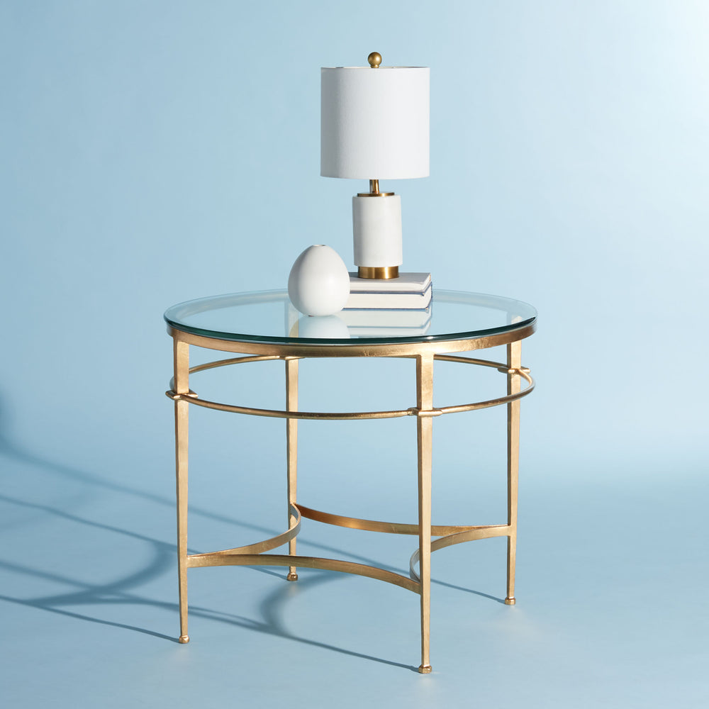 American Home Furniture Safavieh Couture Ingmar Round Antique Gold Glass Side Table