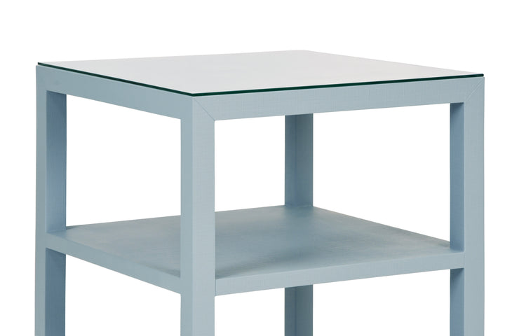 Three Tier Square Side Table In Textured Light Blue Linen - AMIE LB