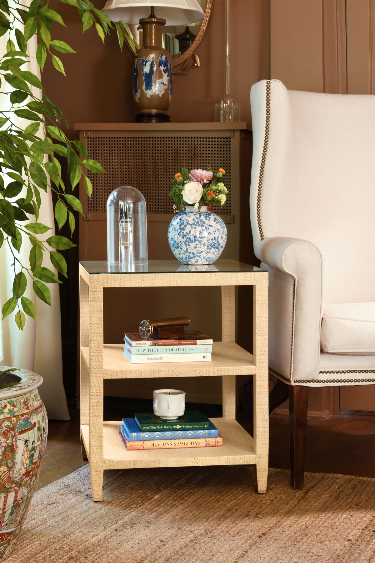 Three Tier Square Side Table In Natural Grasscloth - AMIE NAT