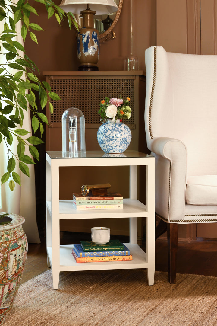 Three Tier Square Side Table In Textured White Linen - AMIE WH