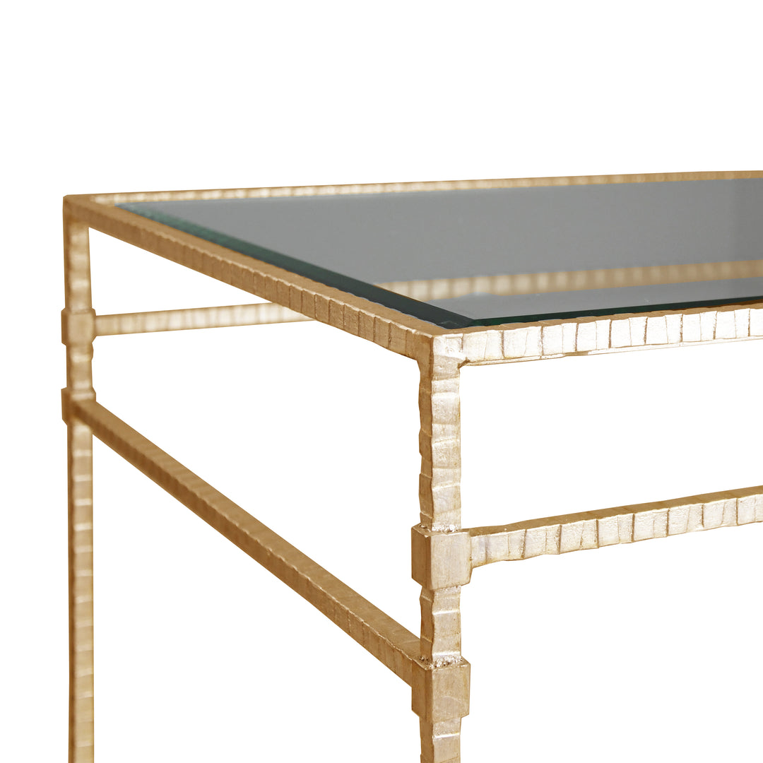 Two Tier Square Table With Glass Top In Hammered Gold Leaf - AMOS G