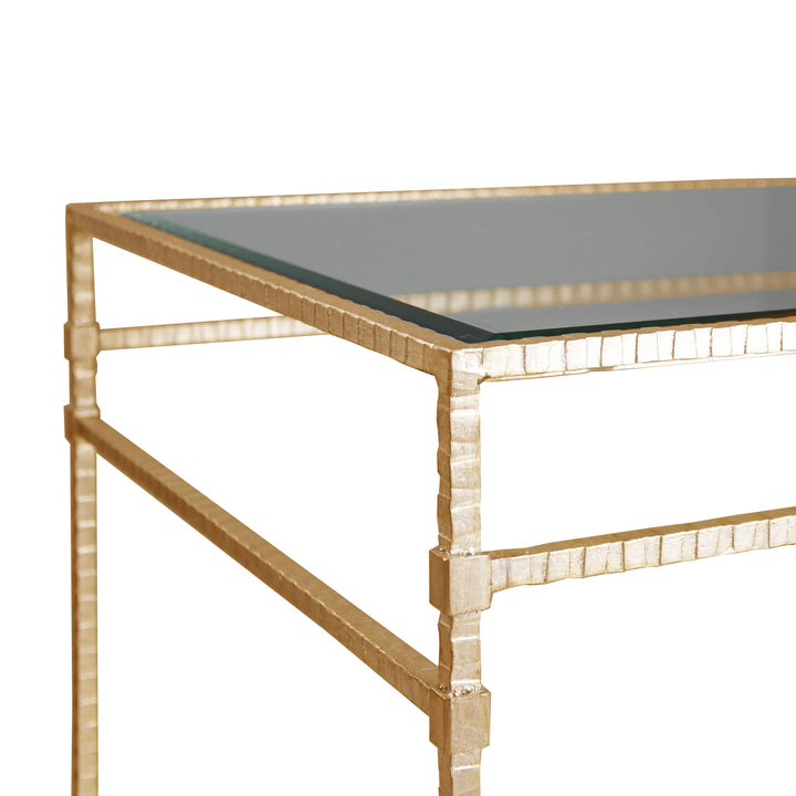 Two Tier Square Table With Glass Top In Hammered Gold Leaf - AMOS G