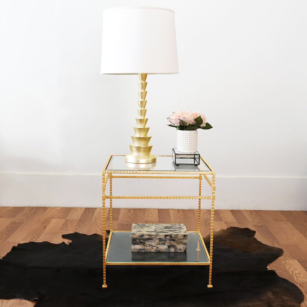 Two Tier Square Table With Glass Top In Hammered Gold Leaf - AMOS G