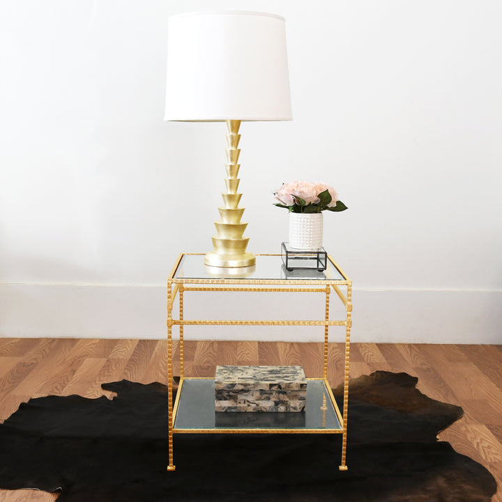 Two Tier Square Table With Glass Top In Hammered Gold Leaf - AMOS G