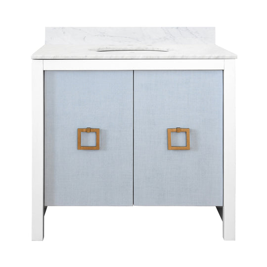Bath Vanity With Textured Light Blue Linen Doors, Matte White Lacquer Surround, Ant Brass Hardware, White Marble Top, And Porcelain Sink - APRIL LB