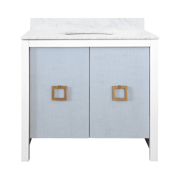 Bath Vanity With Textured Light Blue Linen Doors, Matte White Lacquer Surround, Ant Brass Hardware, White Marble Top, And Porcelain Sink - APRIL LB