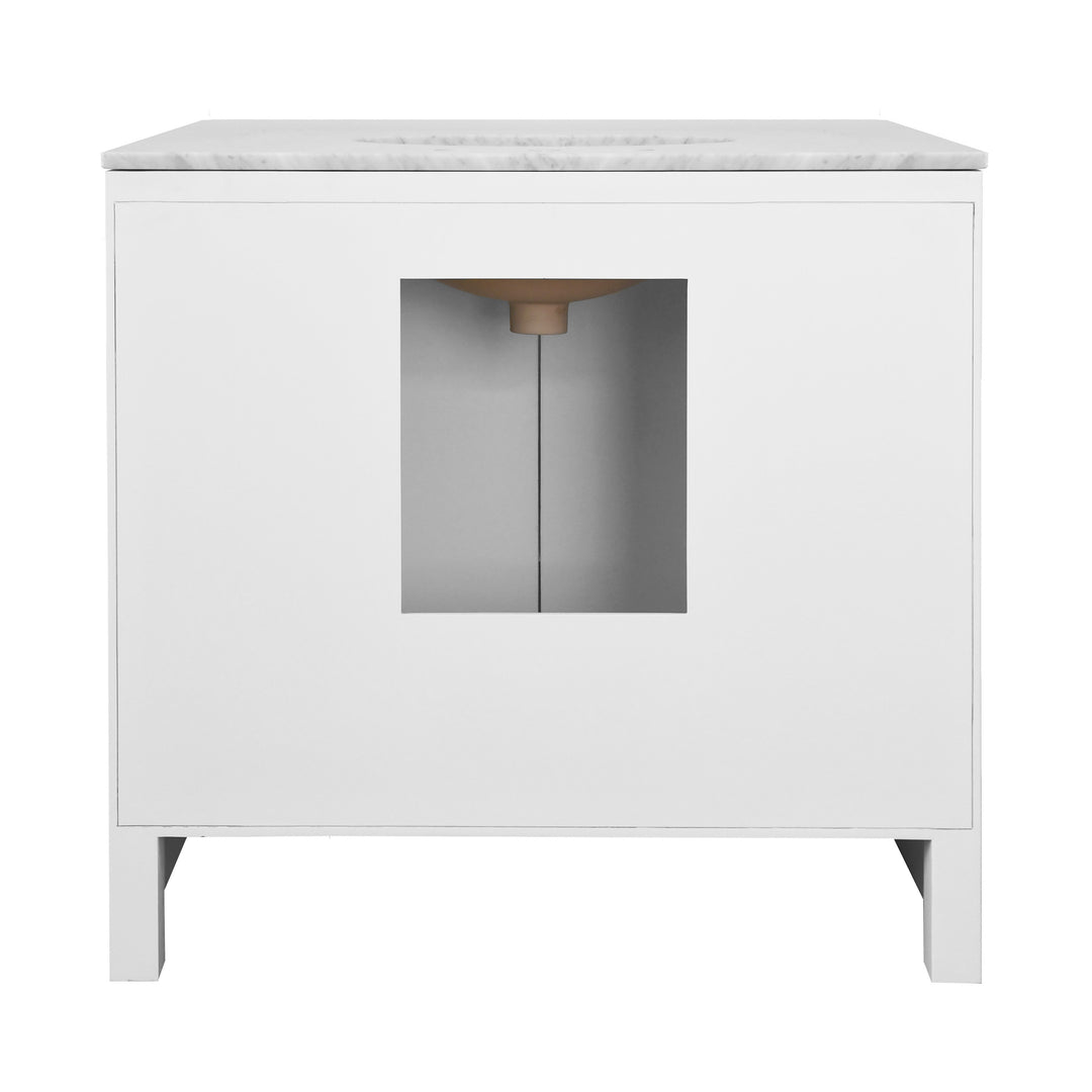 Bath Vanity With Textured Light Blue Linen Doors, Matte White Lacquer Surround, Ant Brass Hardware, White Marble Top, And Porcelain Sink - APRIL LB