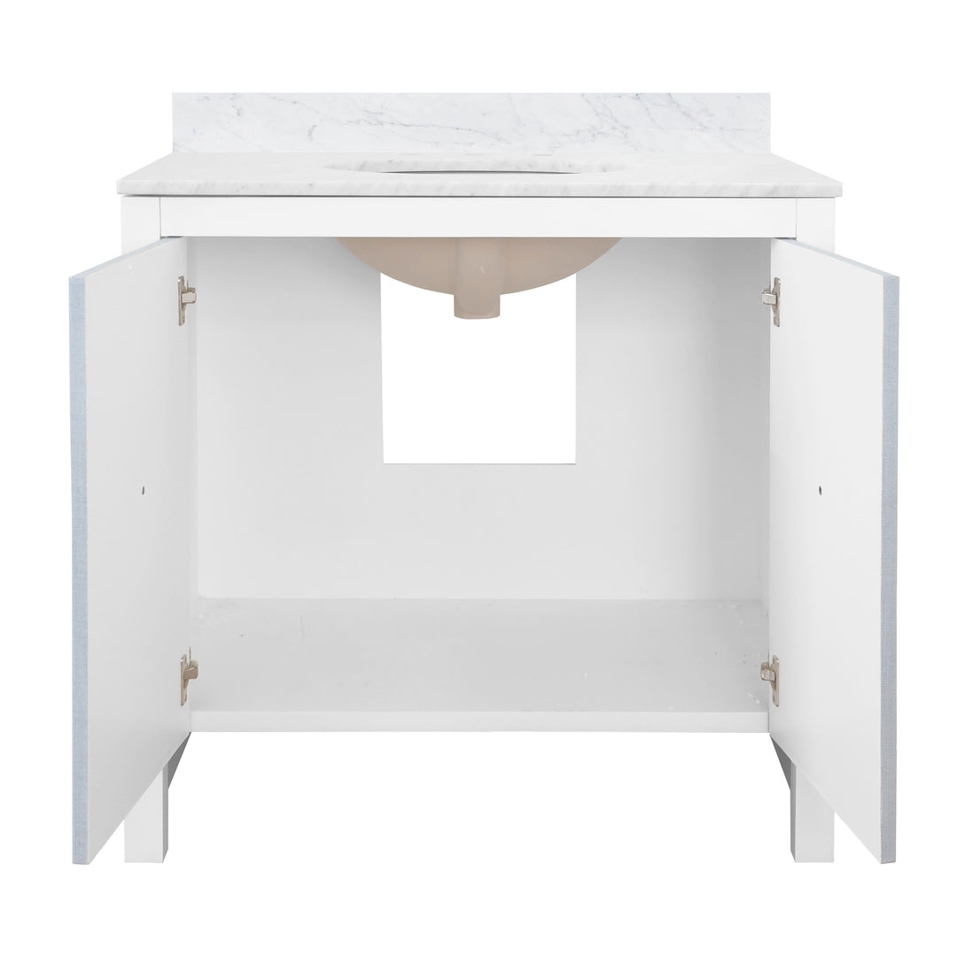 Bath Vanity With Textured Light Blue Linen Doors, Matte White Lacquer Surround, Ant Brass Hardware, White Marble Top, And Porcelain Sink - APRIL LB