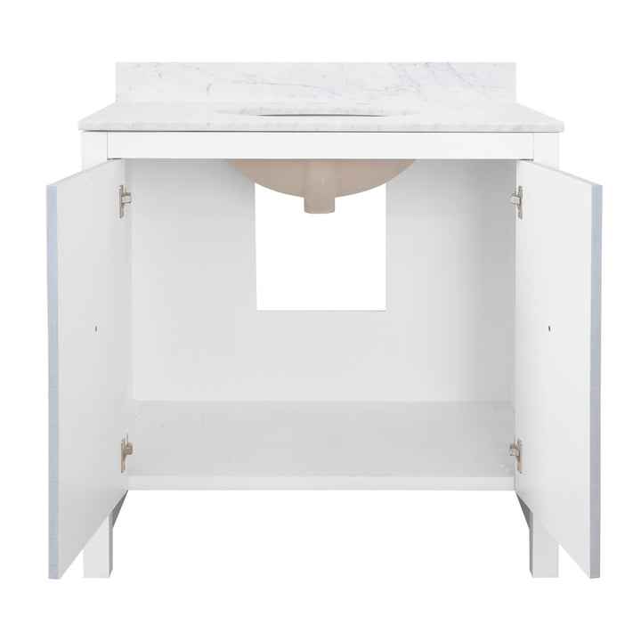 Bath Vanity With Textured Light Blue Linen Doors, Matte White Lacquer Surround, Ant Brass Hardware, White Marble Top, And Porcelain Sink - APRIL LB
