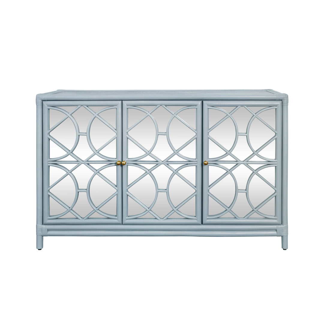 Three Door Decorative Mirror Front Buffet In Rattan Painted Light Blue - ARIA LB