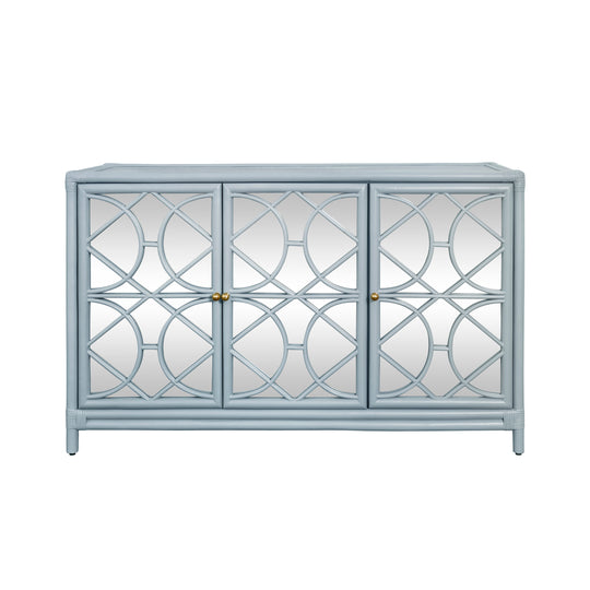 Three Door Decorative Mirror Front Buffet In Rattan Painted Light Blue - ARIA LB