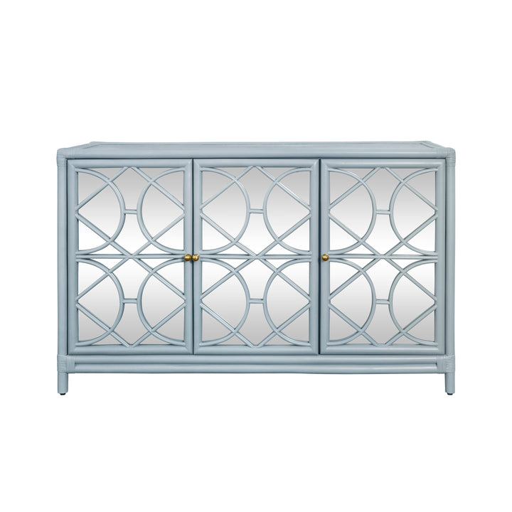Three Door Decorative Mirror Front Buffet In Rattan Painted Light Blue - ARIA LB