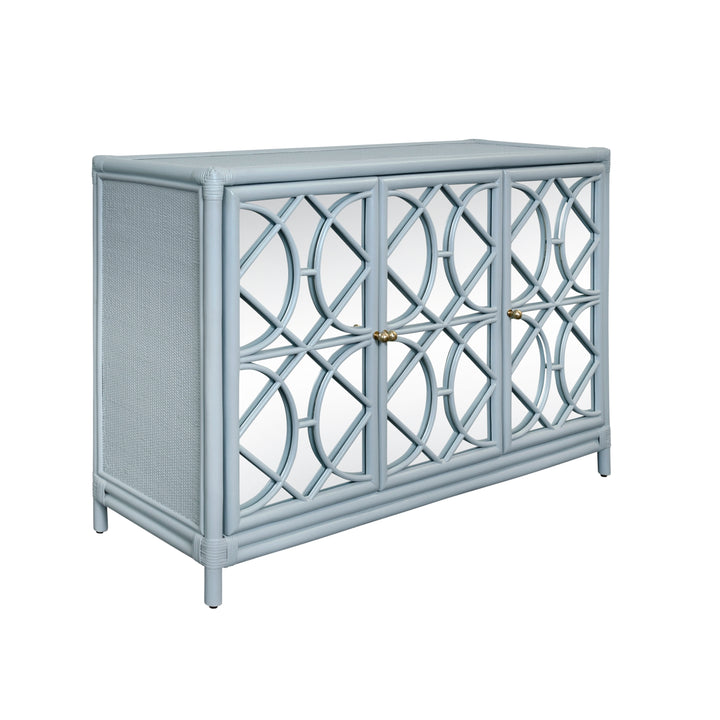 Three Door Decorative Mirror Front Buffet In Rattan Painted Light Blue - ARIA LB
