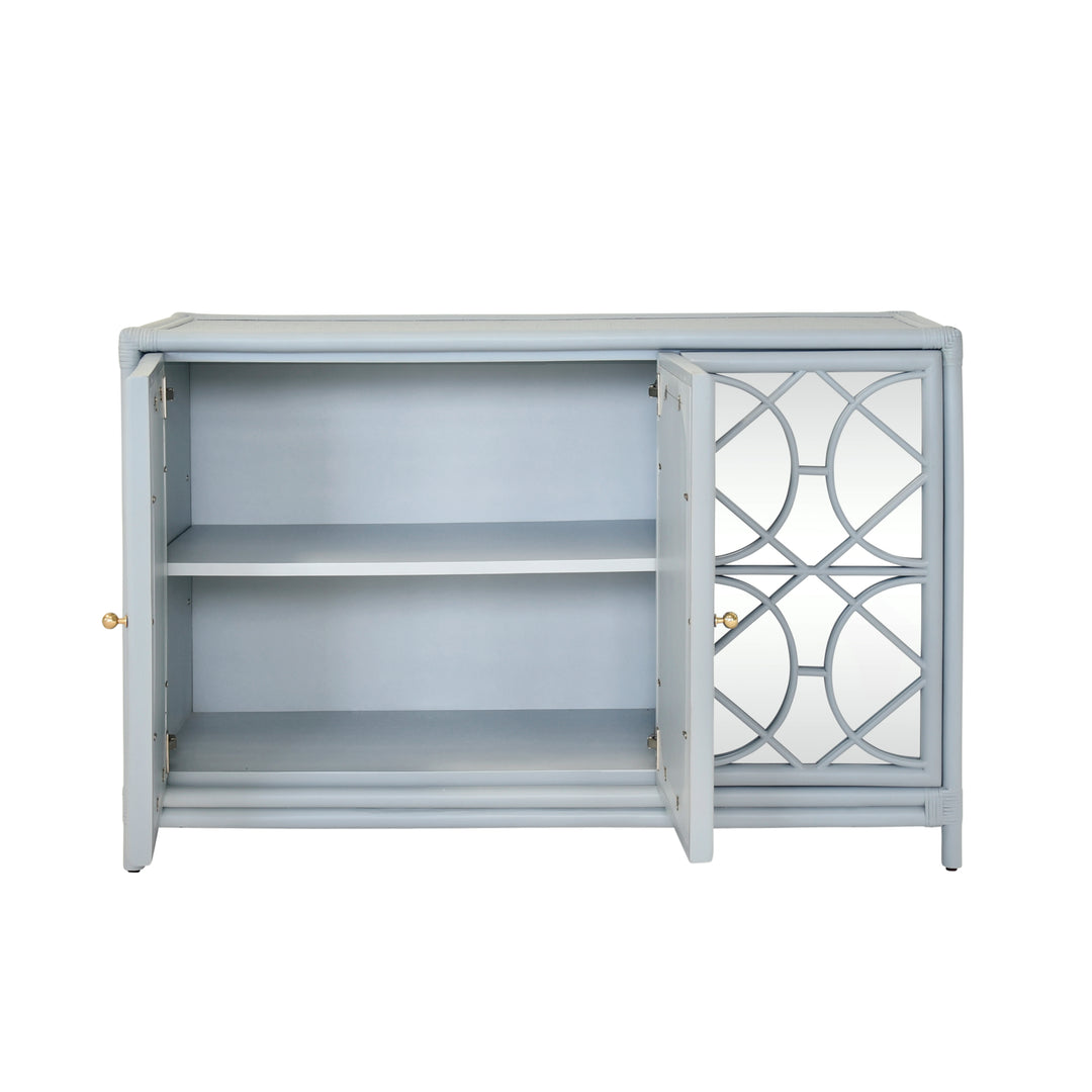 Three Door Decorative Mirror Front Buffet In Rattan Painted Light Blue - ARIA LB