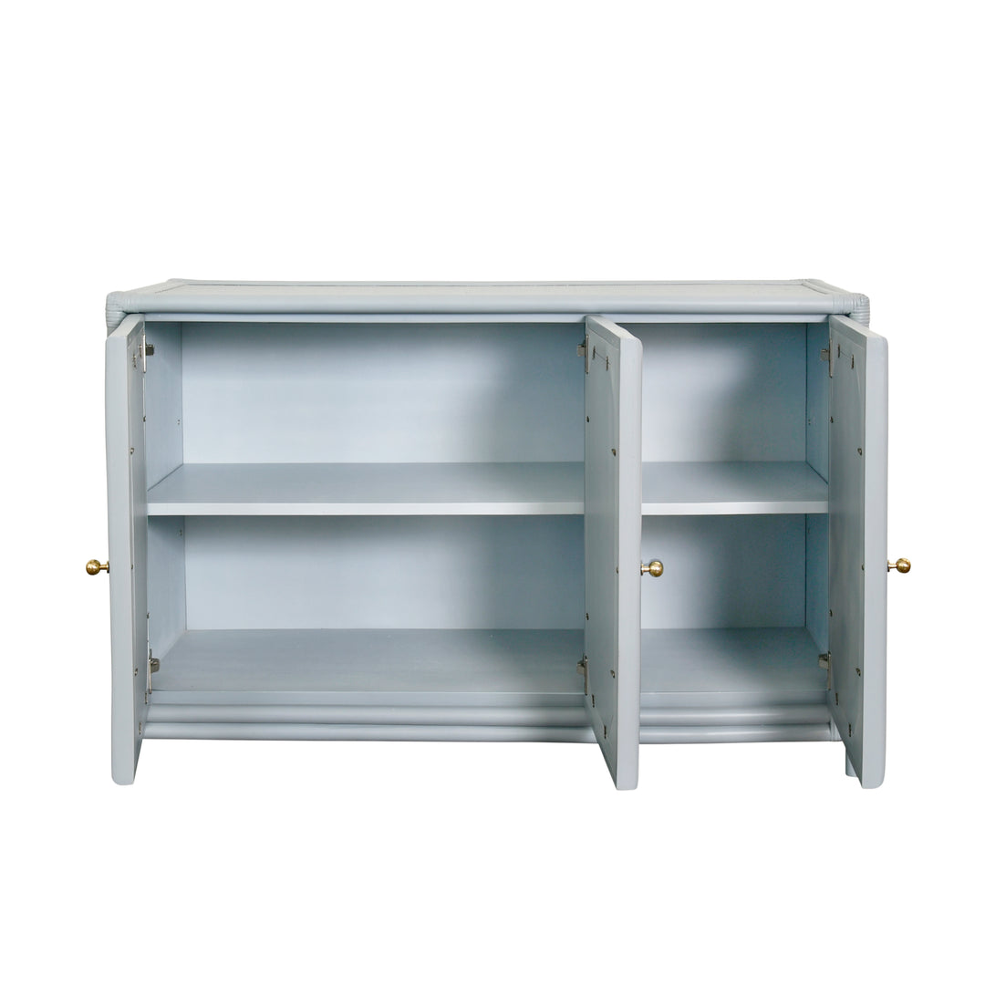 Three Door Decorative Mirror Front Buffet In Rattan Painted Light Blue - ARIA LB