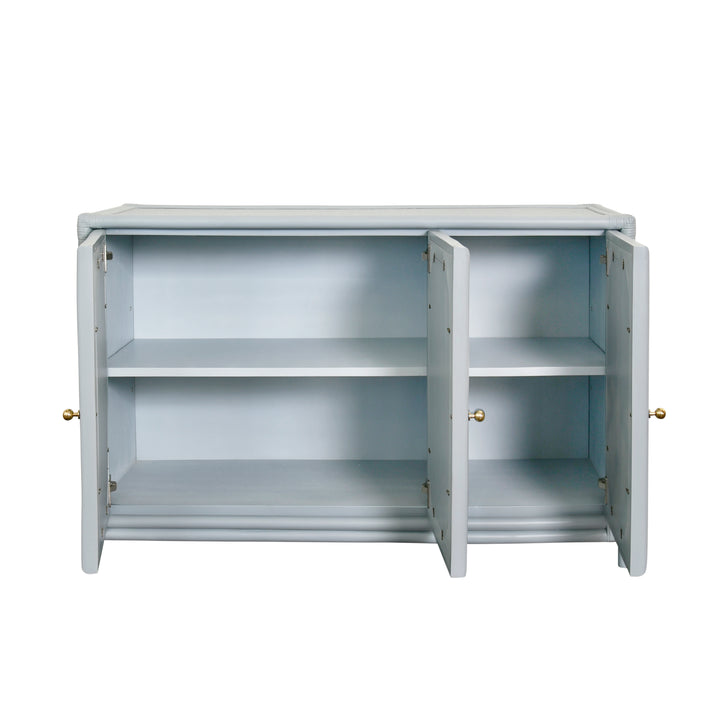 Three Door Decorative Mirror Front Buffet In Rattan Painted Light Blue - ARIA LB