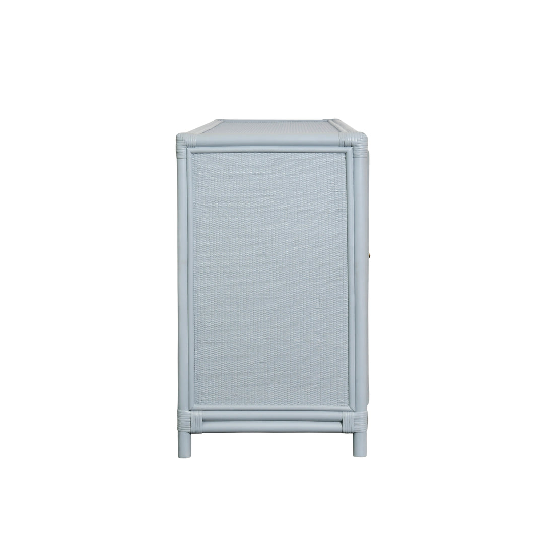 Three Door Decorative Mirror Front Buffet In Rattan Painted Light Blue - ARIA LB