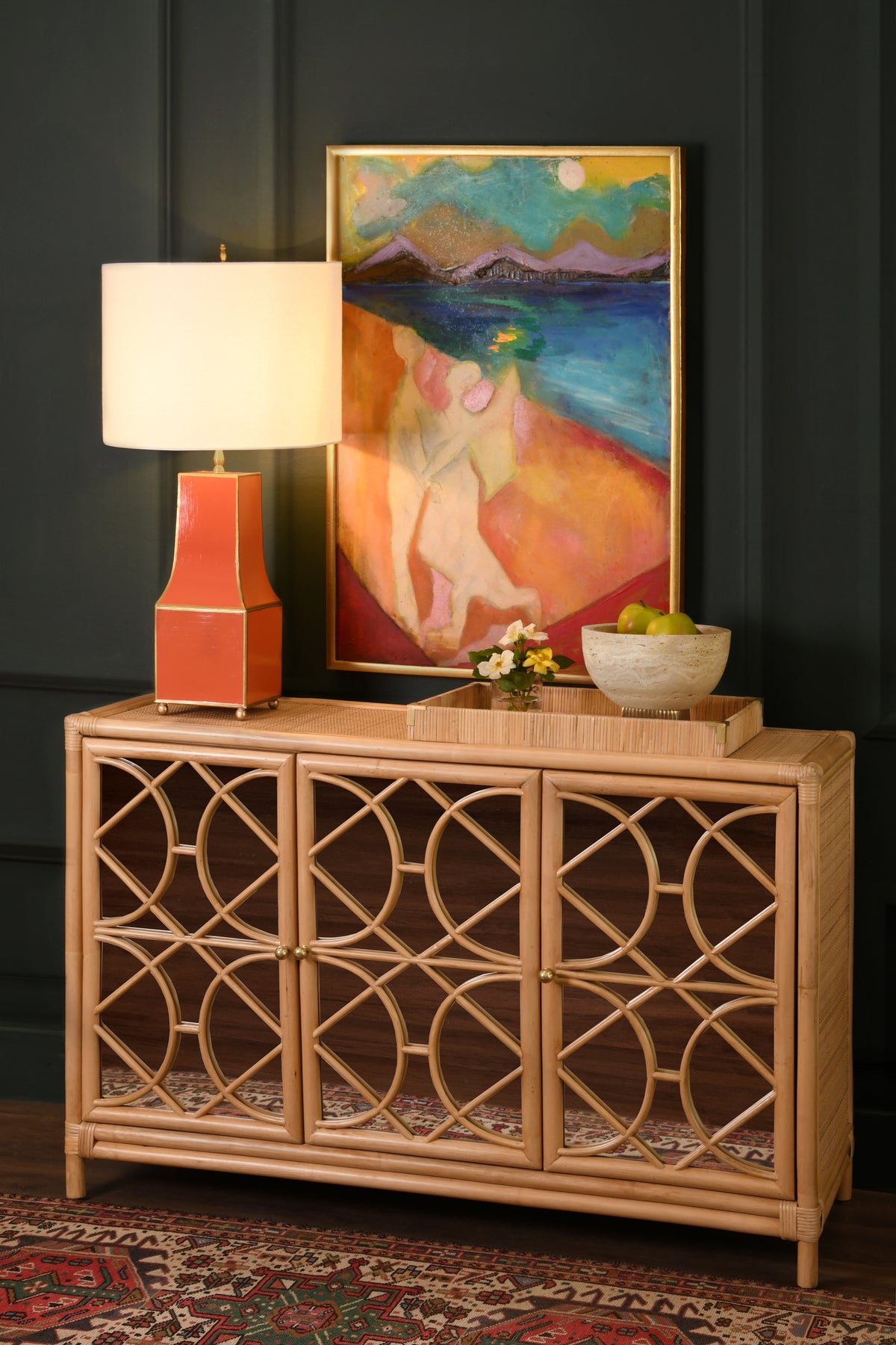 Three Door Decorative Mirror Front Buffet In Natural Rattan - ARIA NAT