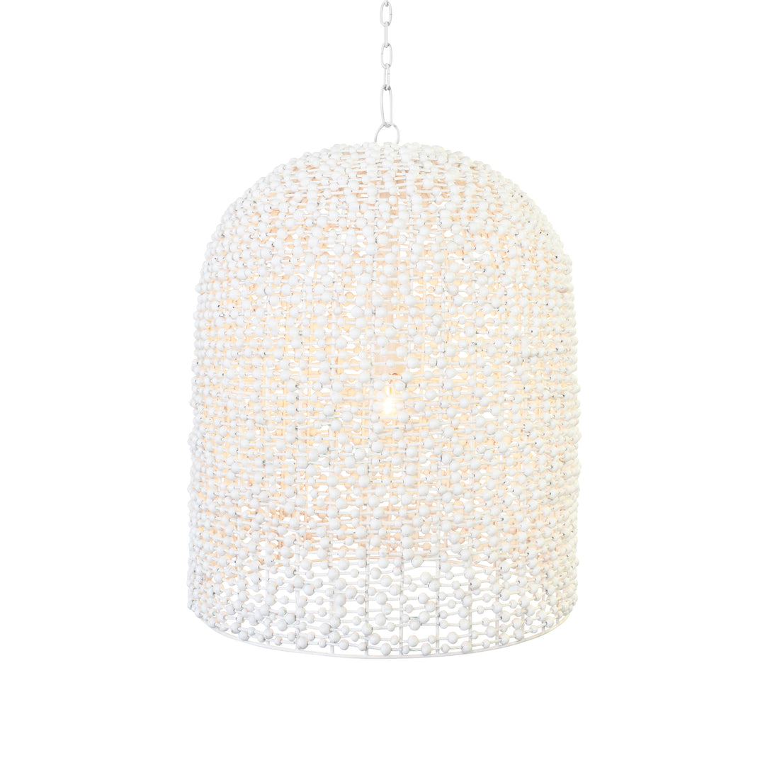 Elongated Dome Shaped Pendant Wrapped With Whitewash Wood Beads - ARLEIGH