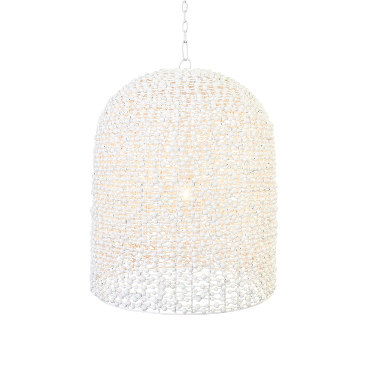 Elongated Dome Shaped Pendant Wrapped With Whitewash Wood Beads - ARLEIGH
