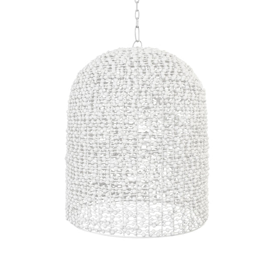Elongated Dome Shaped Pendant Wrapped With Whitewash Wood Beads - ARLEIGH