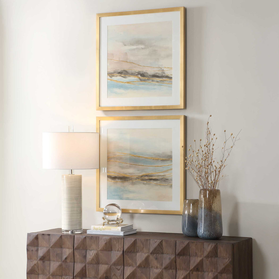 So Golden Abstract Landscape Prints Set of 2