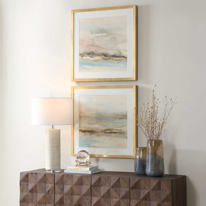 So Golden Abstract Landscape Prints Set of 2