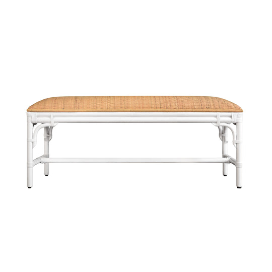 Bench With Natural Rattan Cushion Top And Rattan Base In Painted White - ASHA WH