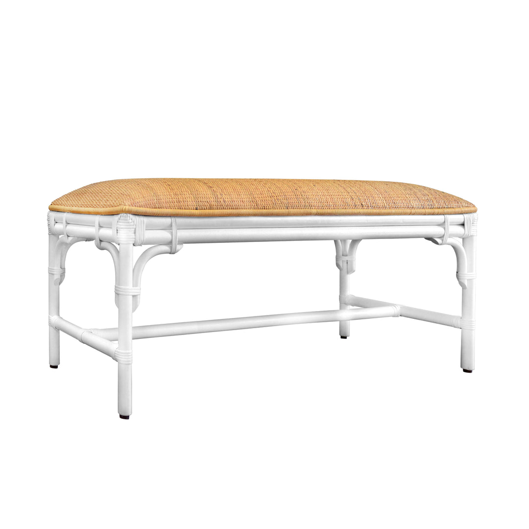 Bench With Natural Rattan Cushion Top And Rattan Base In Painted White - ASHA WH