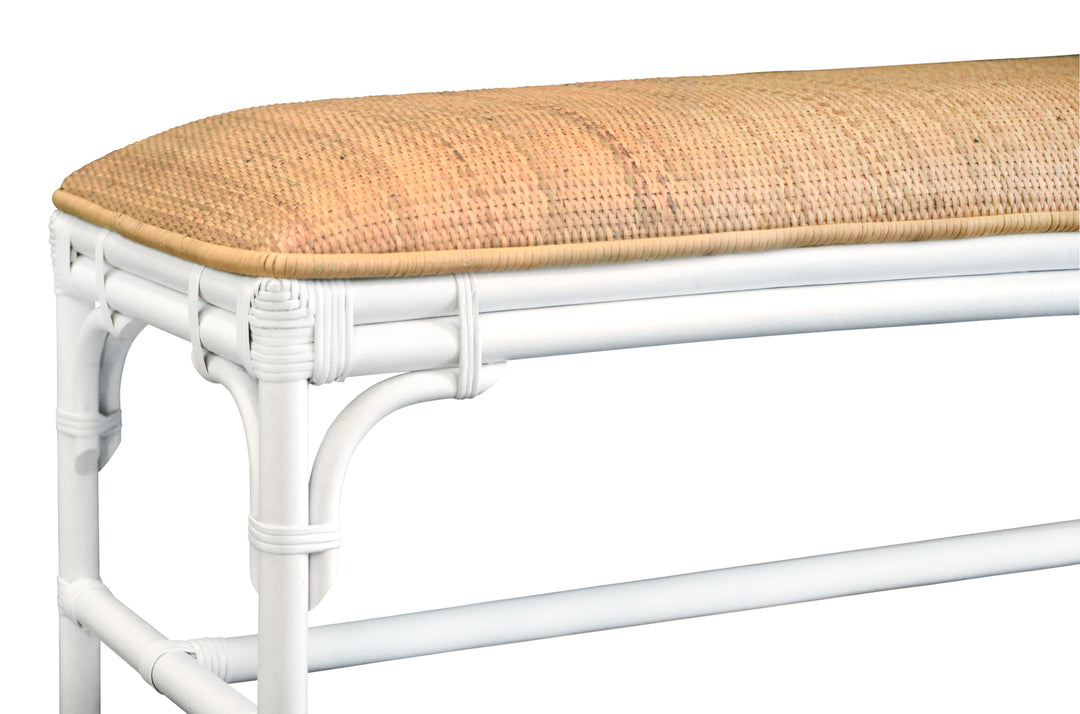 Bench With Natural Rattan Cushion Top And Rattan Base In Painted White - ASHA WH