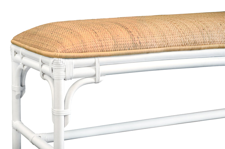 Bench With Natural Rattan Cushion Top And Rattan Base In Painted White - ASHA WH