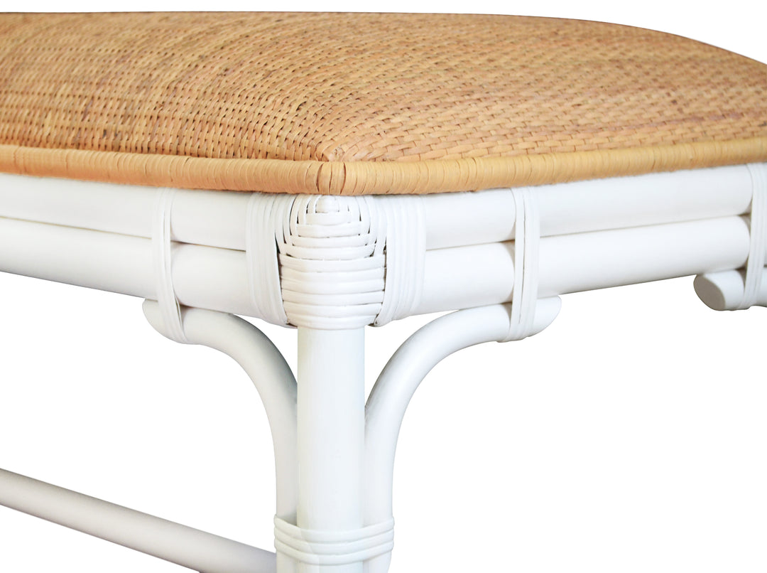 Bench With Natural Rattan Cushion Top And Rattan Base In Painted White - ASHA WH