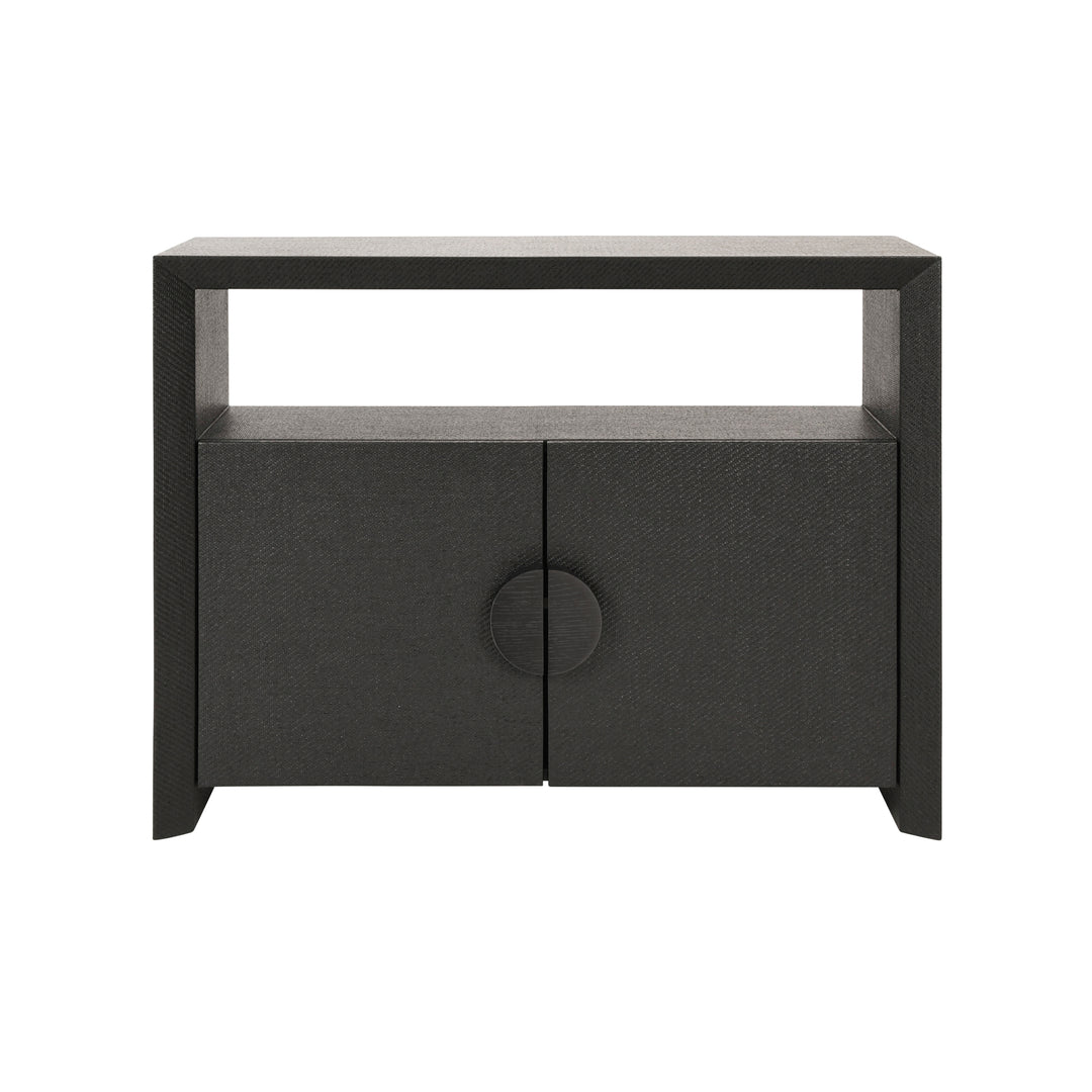 Two Door Console With Open Shelf In Black Painted Grasscloth With Black Oak Handles - ASPEN BLK