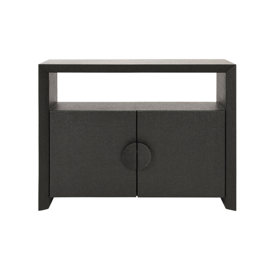 Two Door Console With Open Shelf In Black Painted Grasscloth With Black Oak Handles - ASPEN BLK