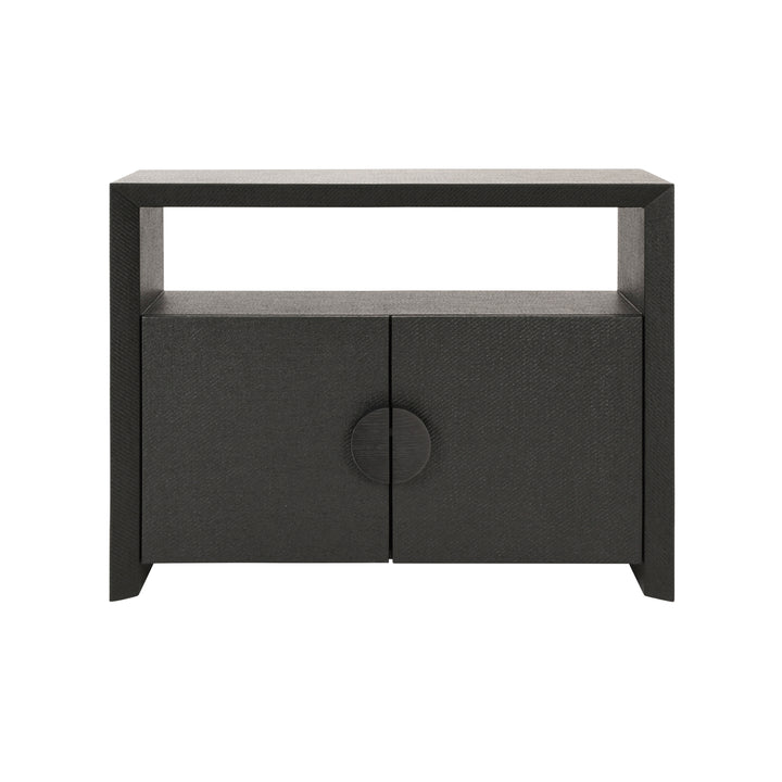 Two Door Console With Open Shelf In Black Painted Grasscloth With Black Oak Handles - ASPEN BLK