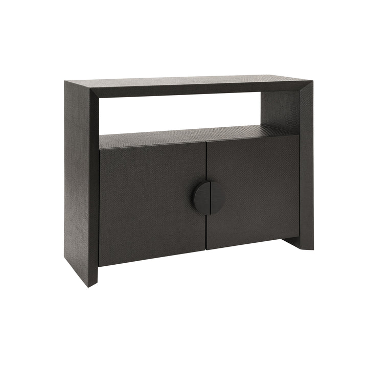 Two Door Console With Open Shelf In Black Painted Grasscloth With Black Oak Handles - ASPEN BLK