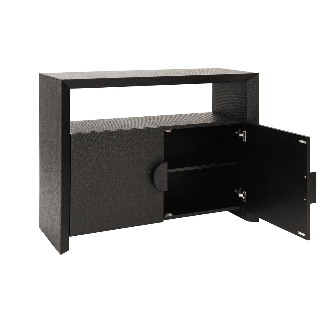 Two Door Console With Open Shelf In Black Painted Grasscloth With Black Oak Handles - ASPEN BLK