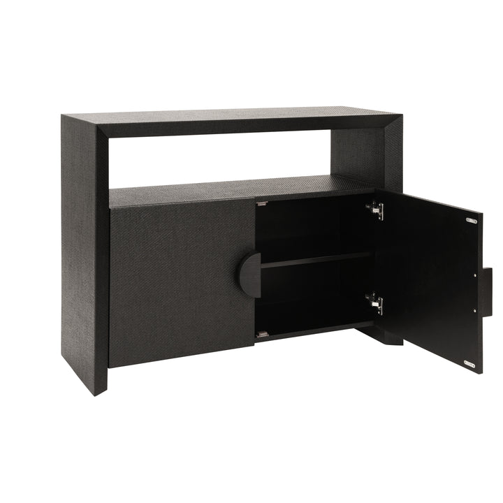 Two Door Console With Open Shelf In Black Painted Grasscloth With Black Oak Handles - ASPEN BLK