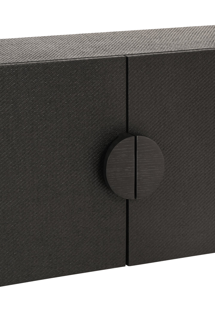 Two Door Console With Open Shelf In Black Painted Grasscloth With Black Oak Handles - ASPEN BLK