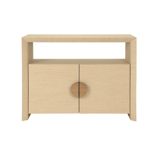Two Door Console With Open Shelf In Natural Grasscloth With Cerused Oak Handles - ASPEN NAT