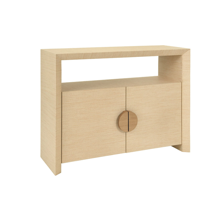 Two Door Console With Open Shelf In Natural Grasscloth With Cerused Oak Handles - ASPEN NAT