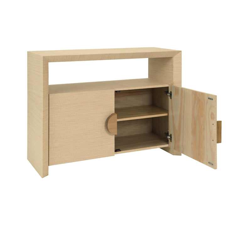 Two Door Console With Open Shelf In Natural Grasscloth With Cerused Oak Handles - ASPEN NAT
