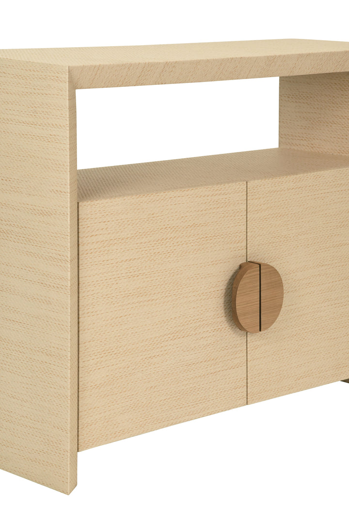 Two Door Console With Open Shelf In Natural Grasscloth With Cerused Oak Handles - ASPEN NAT