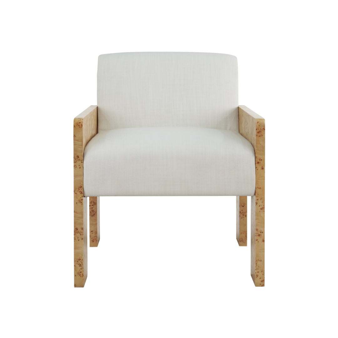 Square Arm Wooden Accent Chair In Burl Wood With Performance White Linen Upholstery - ASTOR BW