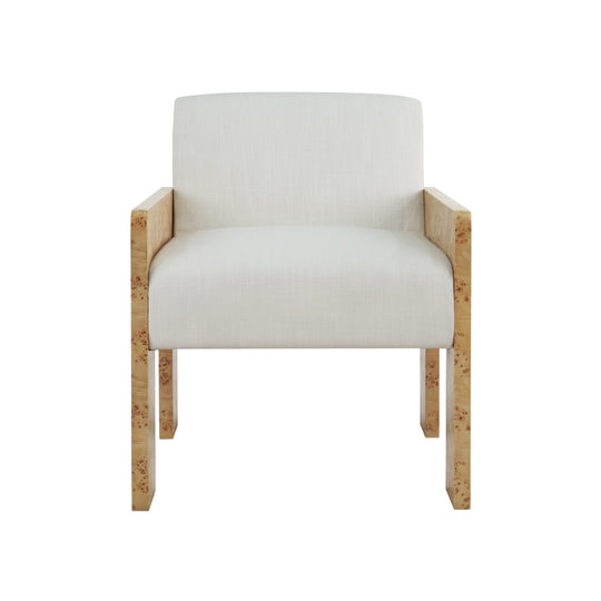 Square Arm Wooden Accent Chair In Burl Wood With Performance White Linen Upholstery - ASTOR BW