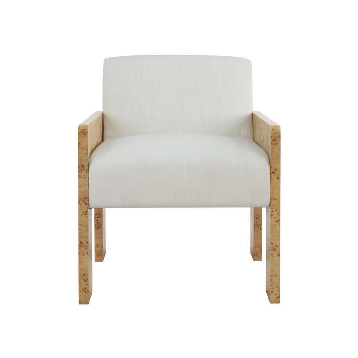 Square Arm Wooden Accent Chair In Burl Wood With Performance White Linen Upholstery - ASTOR BW